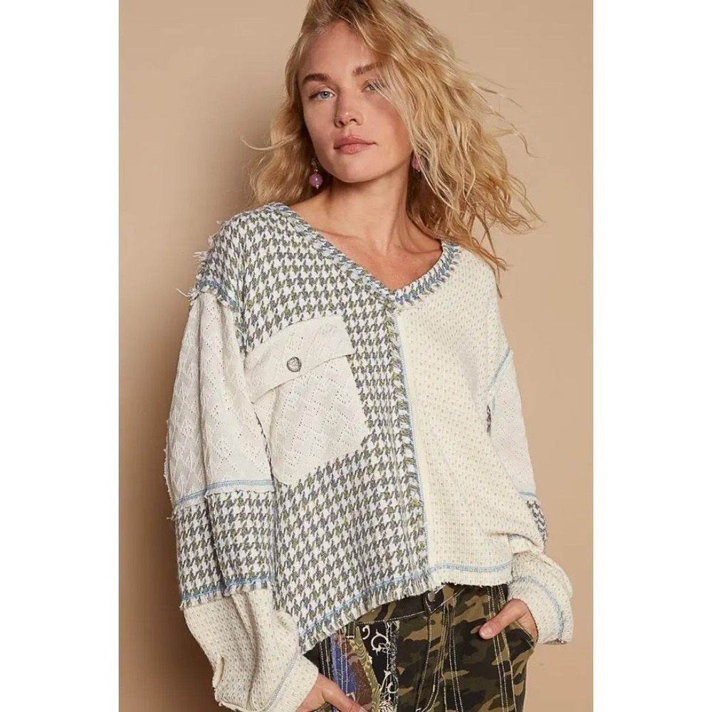 POL Sz M All Mixed Up Patchwork Knit Top Sweater‎ Bohemian Frayed Edges Relaxed